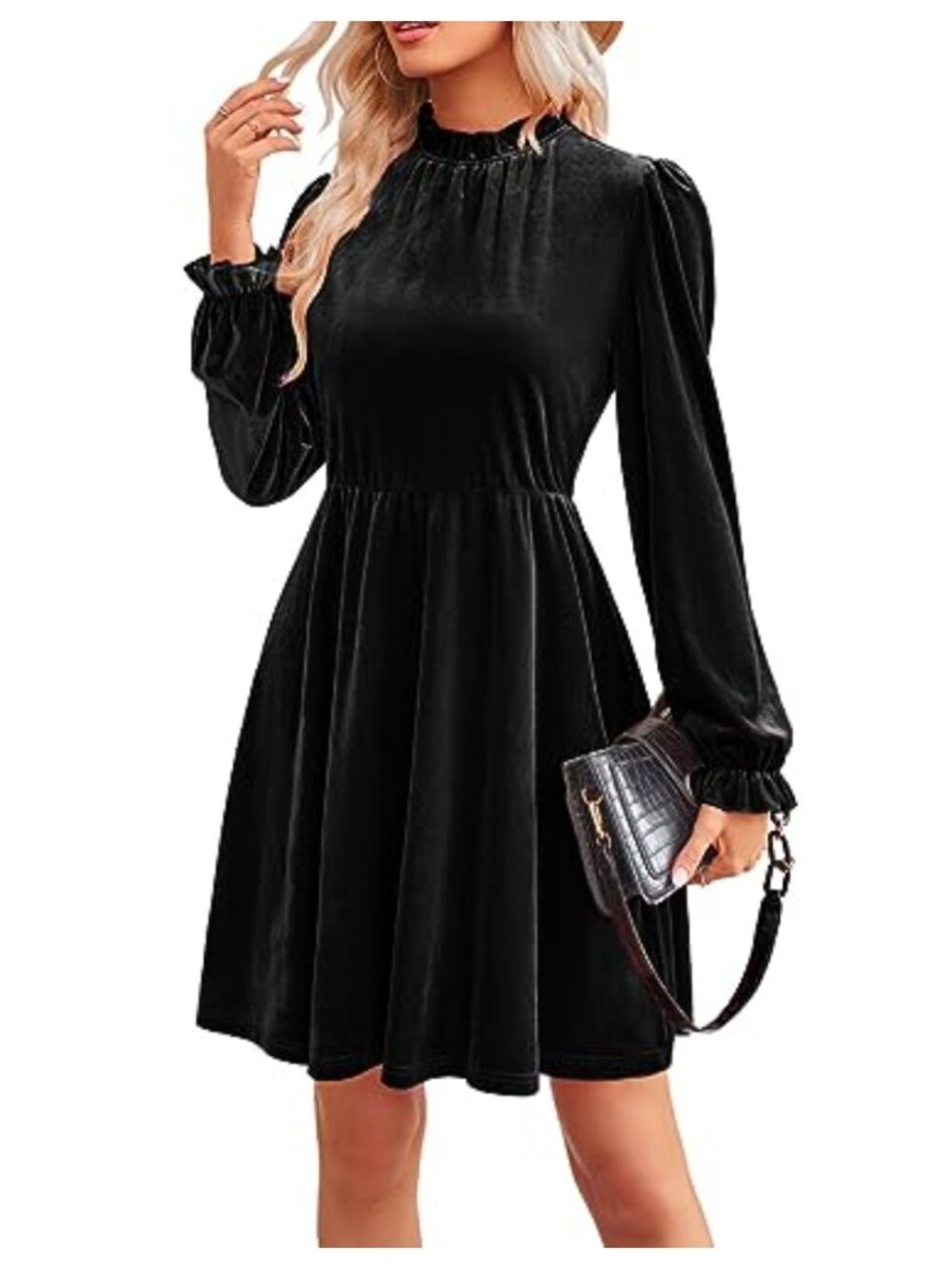Velvet Ruffle Dress Puff Sleeve A-Line Skater Long Sleeve Cocktail Party